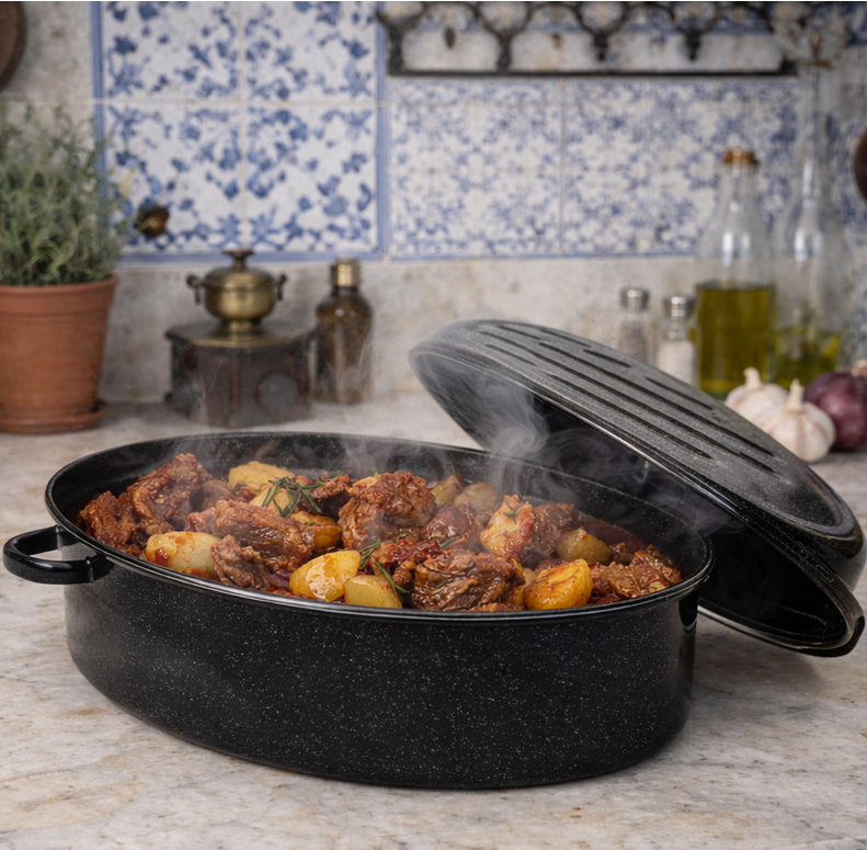 Γάστρα εμαγιέ με καπάκι οβάλ και ανοξείδωτο χείλος 42χ33χ20